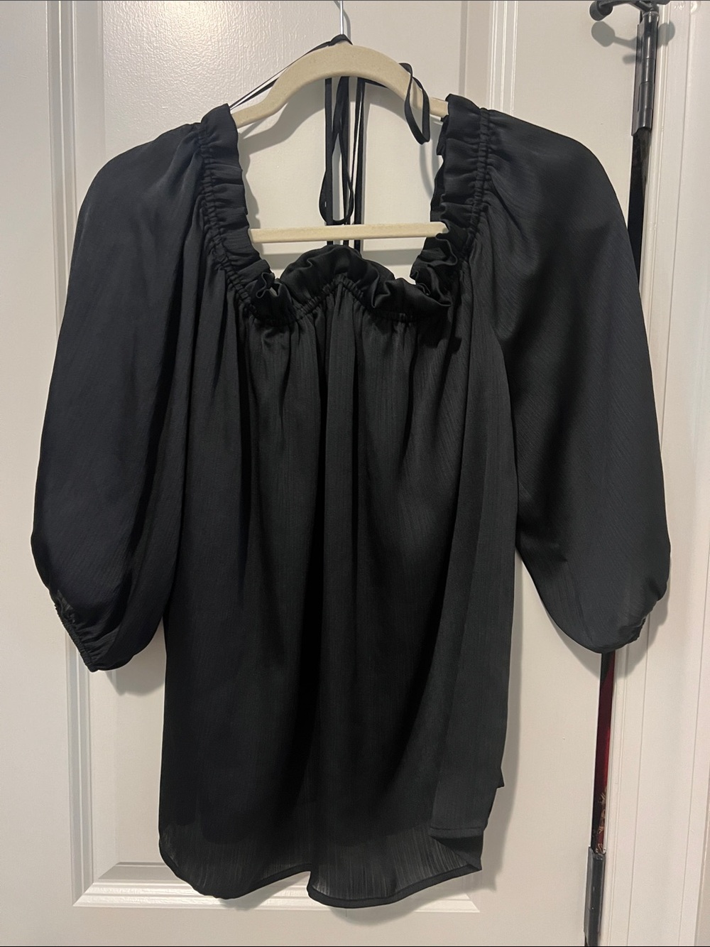Vince Camuto Black Gathered Square-Neck Peasant Blouse w Bow Tie Detail size 1X